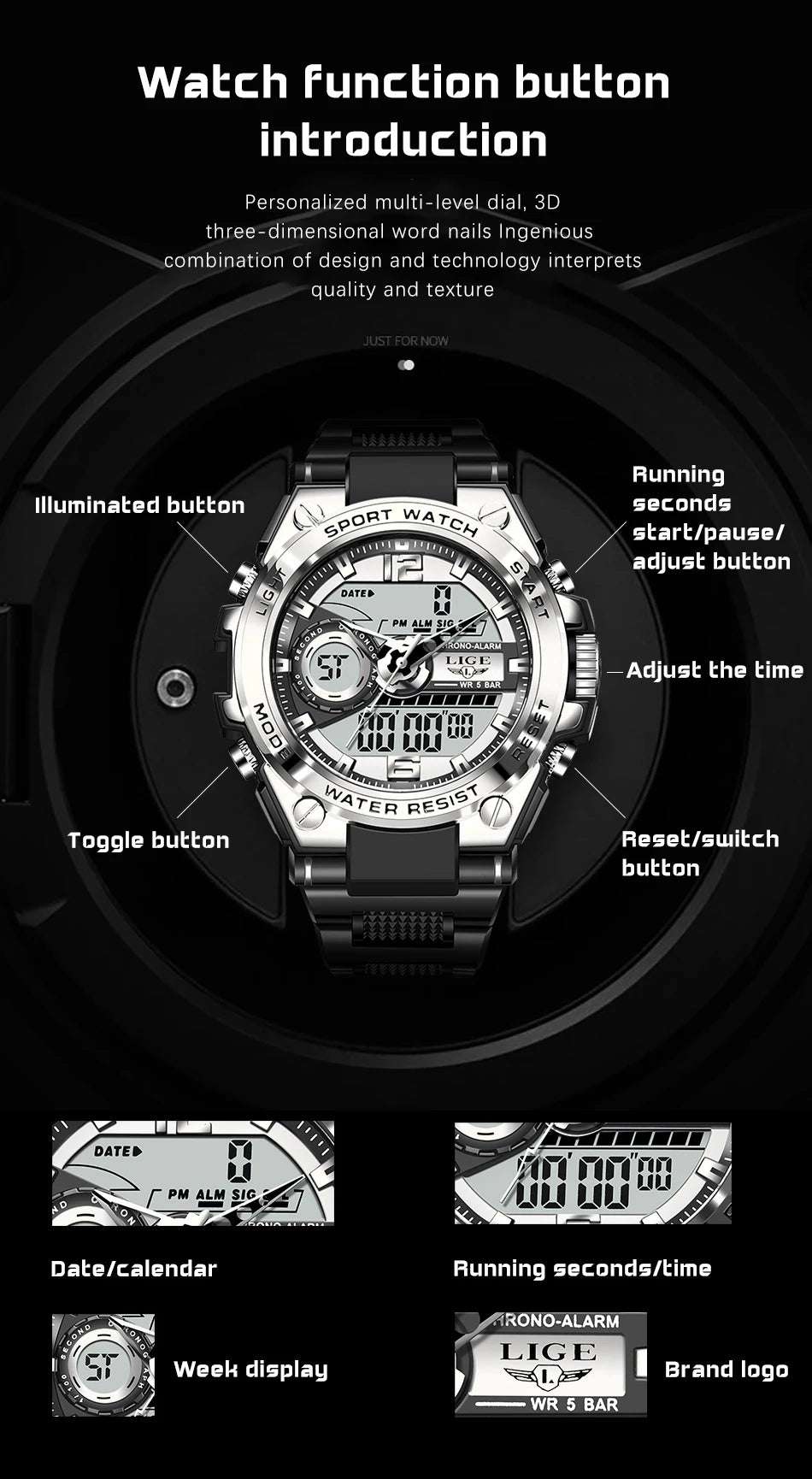 LIGE Military LED Digital Watch – rugged, oversized, and built for adventure.