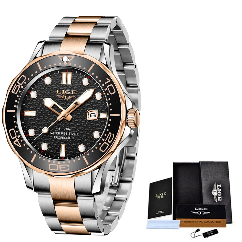2025 LIGE Men's Business Luxury Dive Watch – Waterproof Chronograph with Date | Stainless Steel Sport Wristwatch + Box