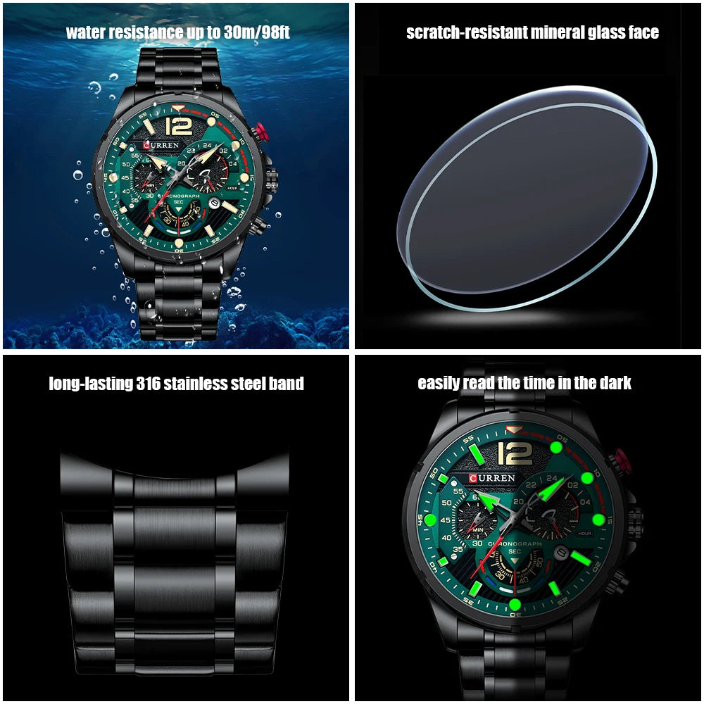 CURREN Men’s Fashion Quartz Sport Watch – Stainless Steel Chronograph with Luminous Dial