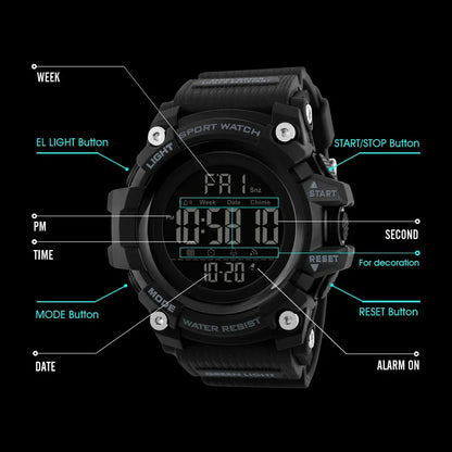 SKMEI 1384 Waterproof Digital Sport Watch for Men – Shockproof Military Electronic Wristwatch