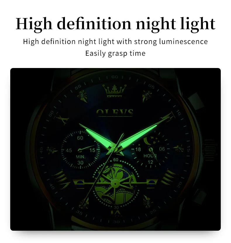 OLEVS Luxury Flywheel Design Couple Wristwatch Chronograph Waterproof Moon Phase Watch Brand Original Quartz Watch for Men Women