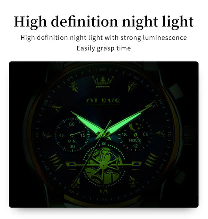 OLEVS Luxury Flywheel Design Couple Wristwatch Chronograph Waterproof Moon Phase Watch Brand Original Quartz Watch for Men Women