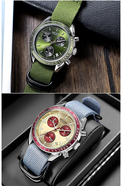 MEGIR New Men's Nylon Braided Strap Waterproof Night-light Sports Quartz Watch with Chronograph Fashion Triple-eye Wristwatch wi