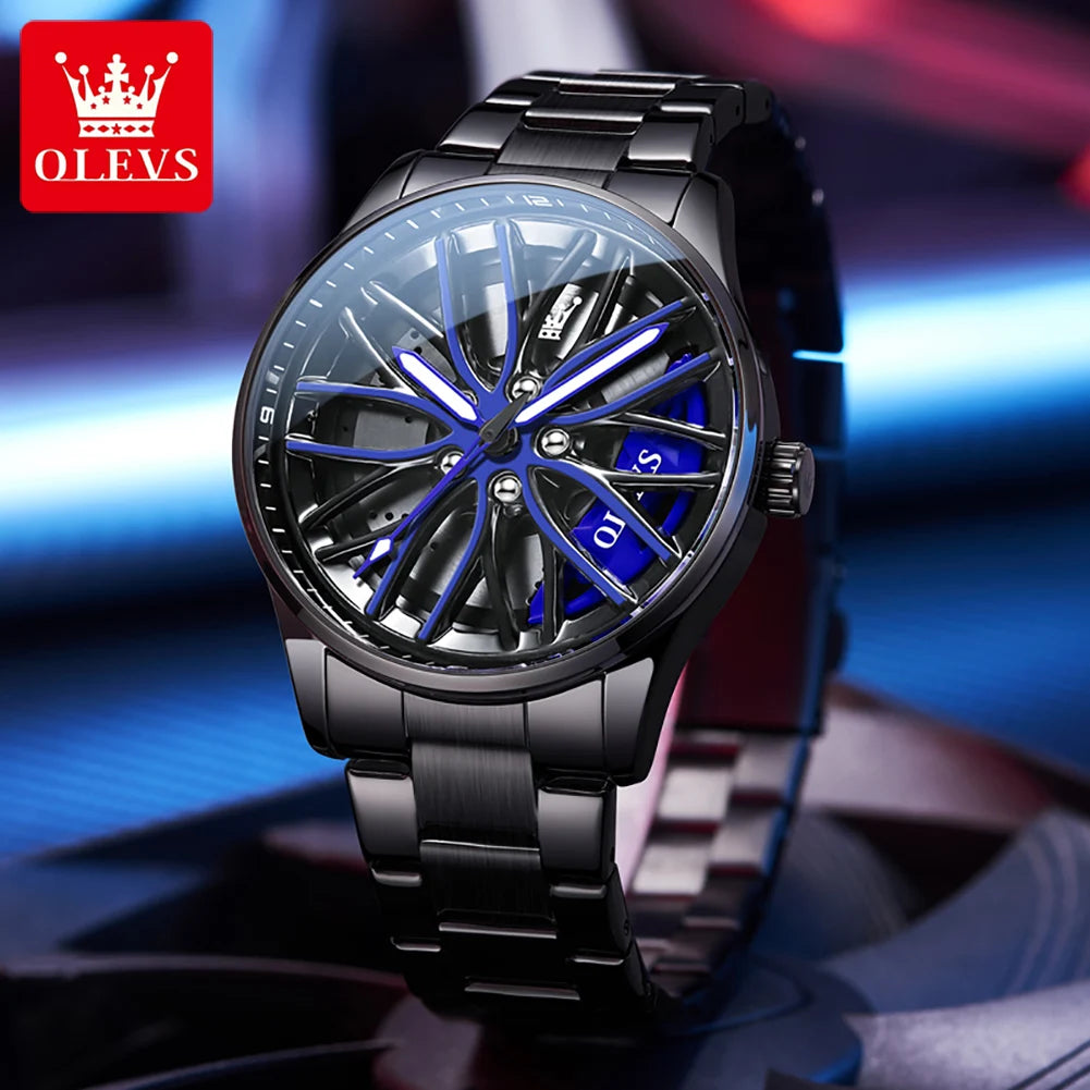 OLEVS Fashion 360° Rotary Dial Quartz Watch for Men Sport Car Rim Wheel Hub Waterproof Luminous Stainless Steel Men's Wristwatch