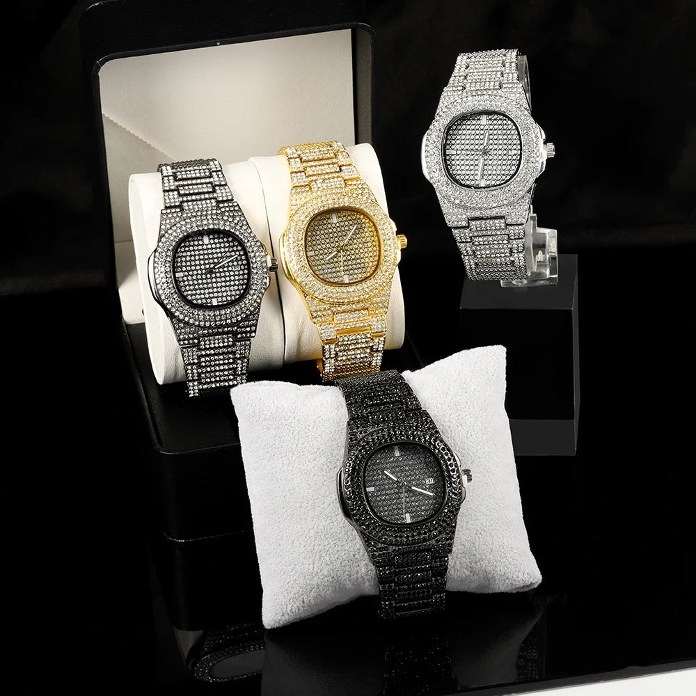 Men Women Quartz Watch Iced Out Hip-hop Punk Full Diamonds Wrist Watch Bundled Size Adjuster Stylish Party Jewelry Gift Box