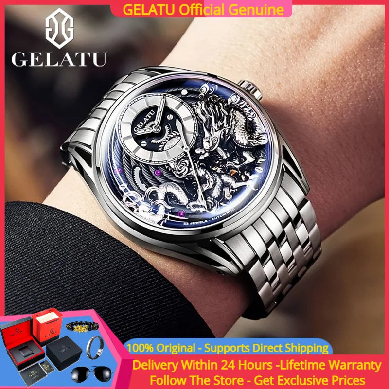 GELATU 6018 Men Watch Luxury Relief Dragon Pattern Watch Original Automatic Mechanical Watch Sapphire Waterproof Men's Watch