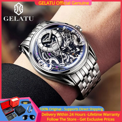 GELATU 6018 Men Watch Luxury Relief Dragon Pattern Watch Original Automatic Mechanical Watch Sapphire Waterproof Men's Watch