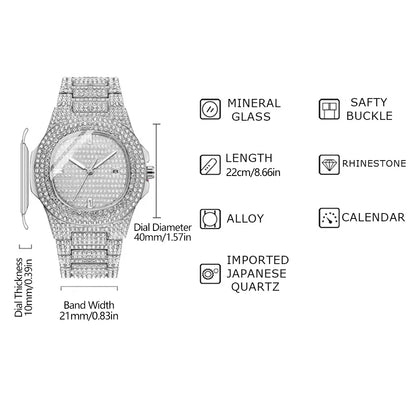 Men Women Quartz Watch Iced Out Hip-hop Punk Full Diamonds Wrist Watch Bundled Size Adjuster Stylish Party Jewelry Gift Box