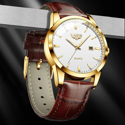 LIGE Men’s Brown Leather Military Sports Quartz Watch – Casual Waterproof Chronograph