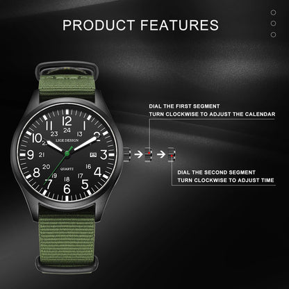 LIGE Luxury Military Quartz Watch for Men – Waterproof, Luminous, Nylon Leather Strap, Date Display