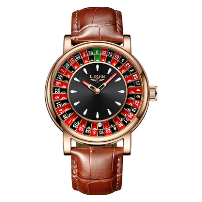 LIGE Fashion Roulette Dial Men's Watch – Brown Leather Edition