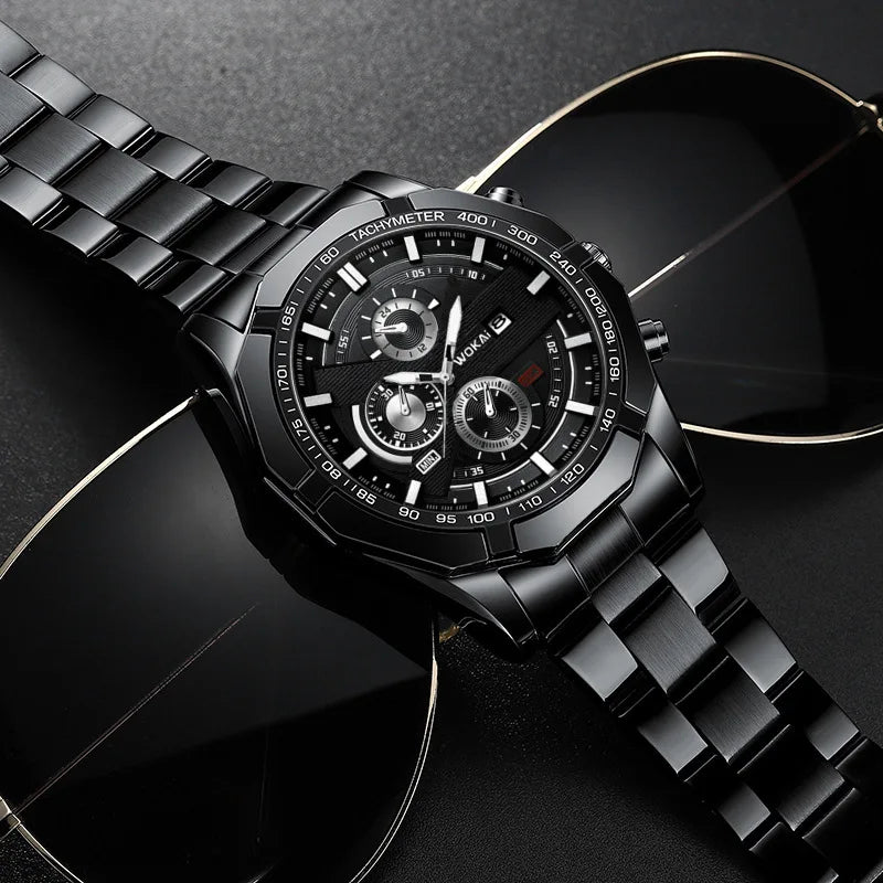 Luxorive MetroChron – 3‑Eye Quartz Watch for Men | Steel Bracelet, Roman + Index Dial
