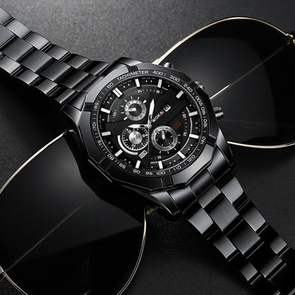 Luxorive MetroChron – 3‑Eye Quartz Watch for Men | Steel Bracelet, Roman + Index Dial