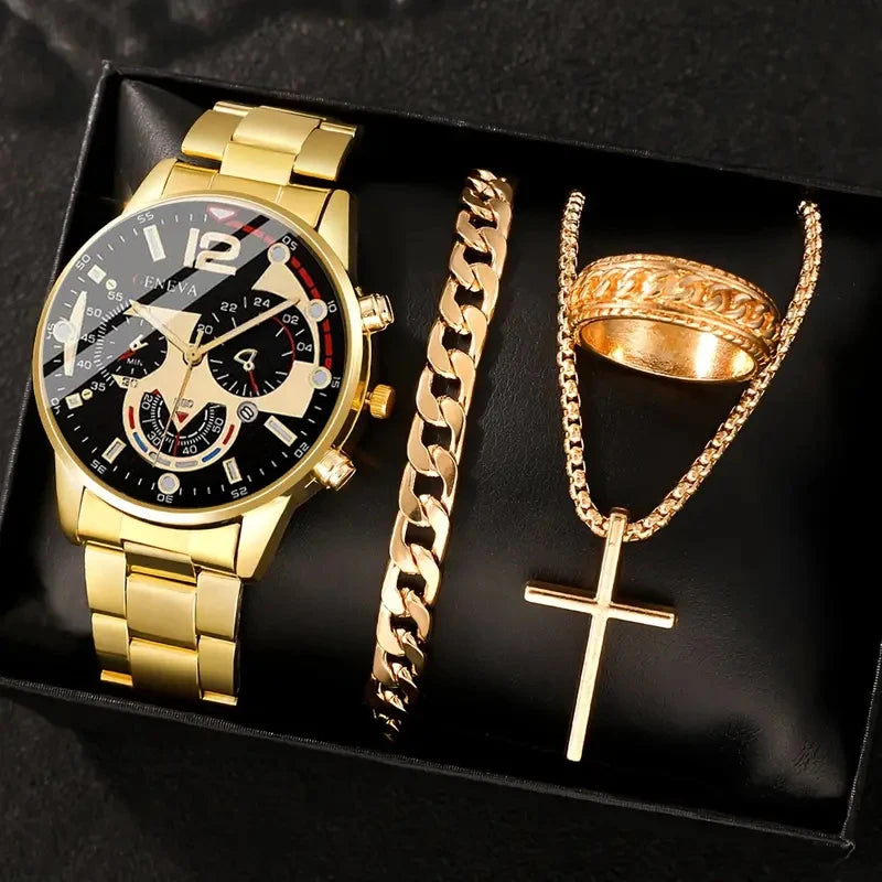 Luxorive Gold Roman Gift Set 🎁 – 4‑Piece Men’s Gold Quartz Watch with Calendar, Cross Necklace, Bracelet & Ring