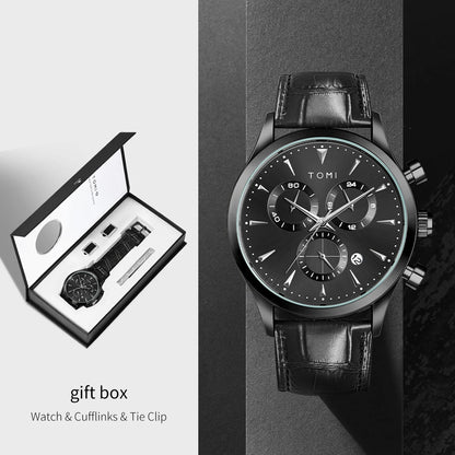 TOMI 4PCS Set Luxury Business Men's Quartz Watch Casual Fashion Versatile Watch Men's Cufflinks Tie Clip Watch Festival Gift