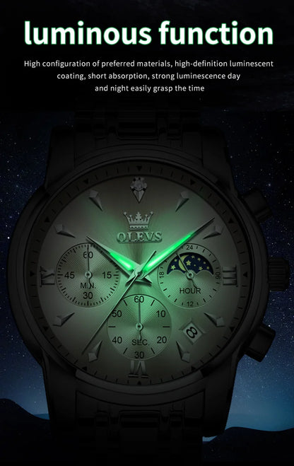 OLEVS 3639 Top Brand Original Quartz Watch Multifunctional Chronograph Watch For Men Waterproof Luminous Moon Phase Watch New