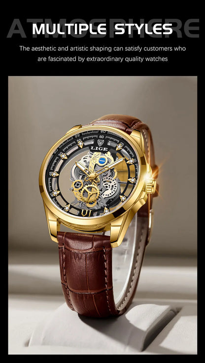 LIGE Men's Skeleton Quartz Watch – Luxury Retro Gold Wristwatch, Stainless Steel, Waterproof, Casual/Formal