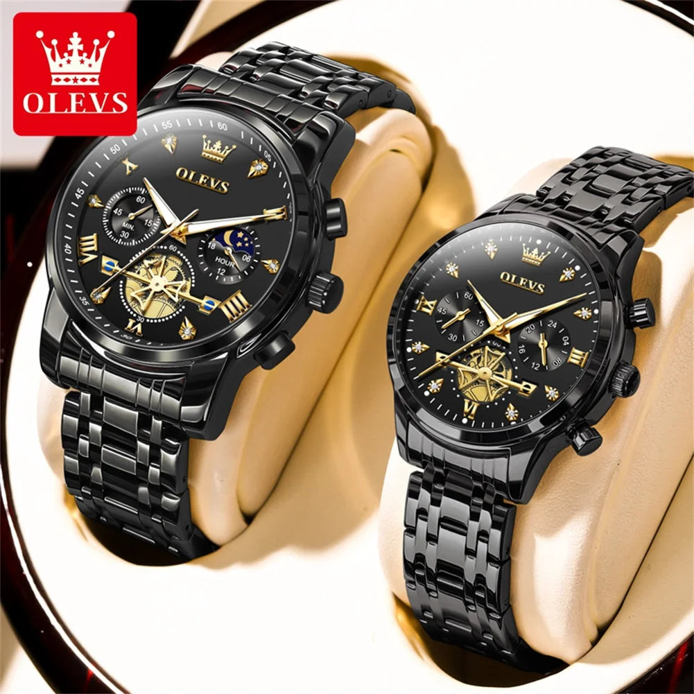 OLEVS Luxury Flywheel Design Couple Wristwatch Chronograph Waterproof Moon Phase Watch Brand Original Quartz Watch for Men Women