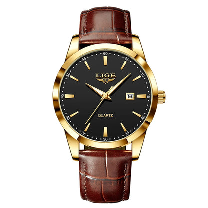 LIGE Men’s Brown Leather Military Sports Quartz Watch – Casual Waterproof Chronograph