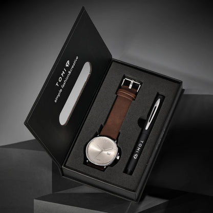 TOMI New 2PCS Luxury Business Men Watch Gift Box Set Simple and Casual Men Calendar Quartz Watch Pen Reloj Men Holiday Gift
