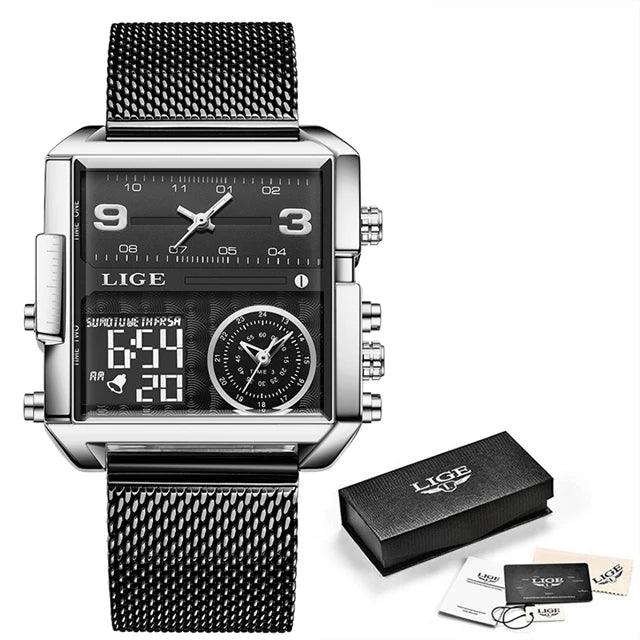 LIGE Men’s Black Steel Digital Dual Display Sports Chronograph – Waterproof Quartz Military Watch