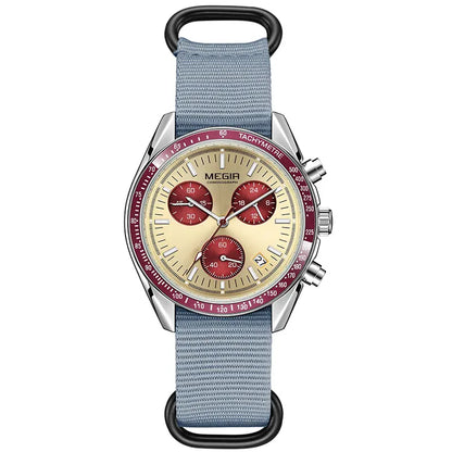 MEGIR New Men's Nylon Braided Strap Waterproof Night-light Sports Quartz Watch with Chronograph Fashion Triple-eye Wristwatch wi