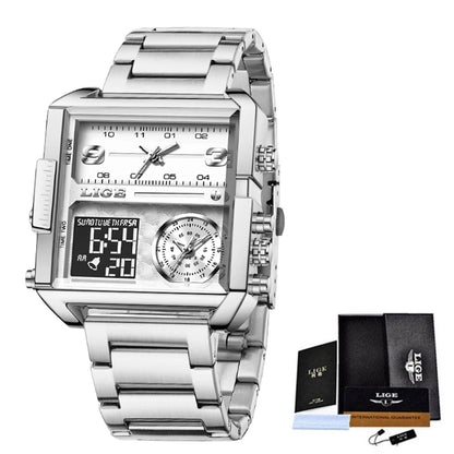 LIGE Men’s Black Steel Digital Dual Display Sports Chronograph – Waterproof Quartz Military Watch