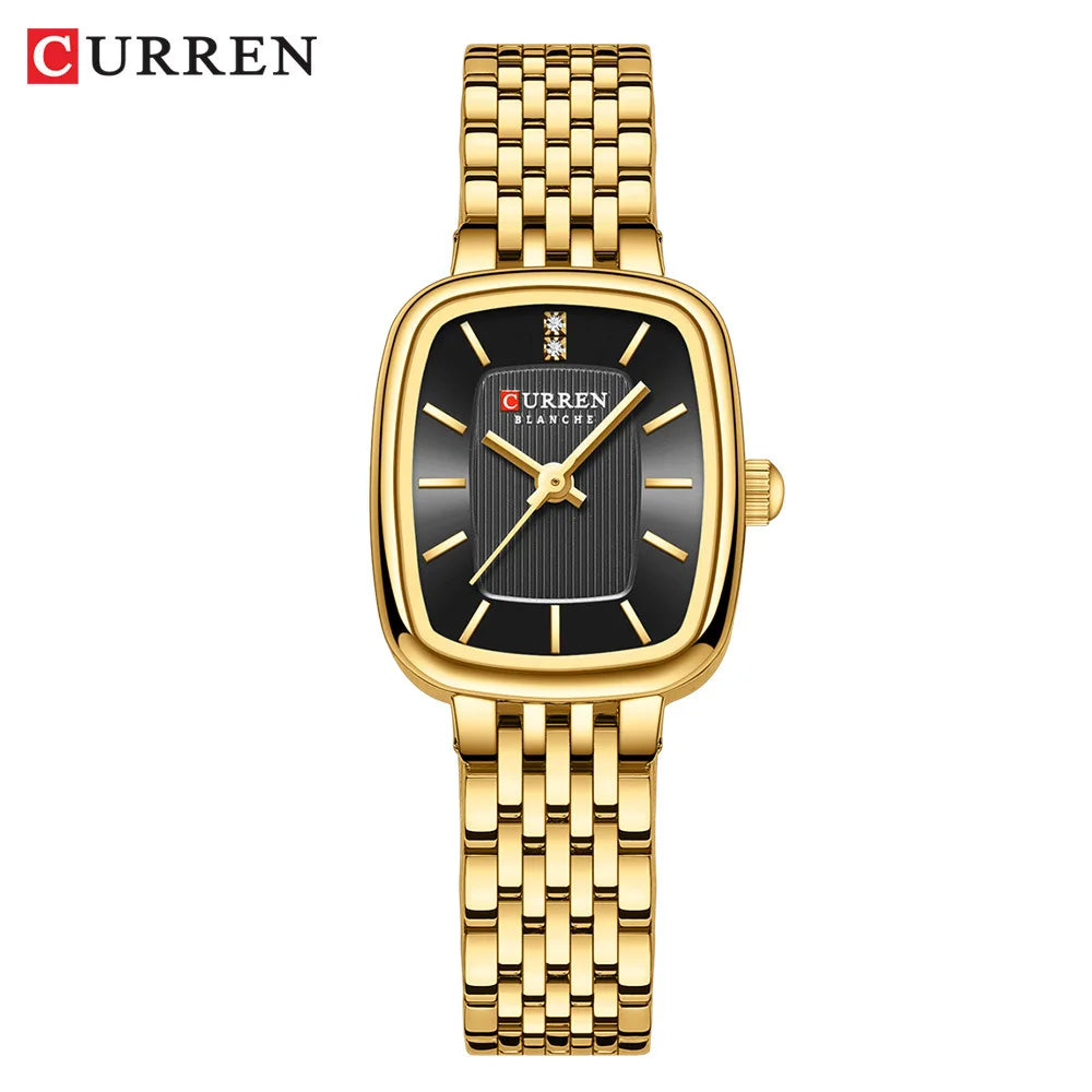 CURREN 9093 Women's Fashion Quartz Watch – Elegant Square Gold Dial with Stainless Steel Strap, Waterproof