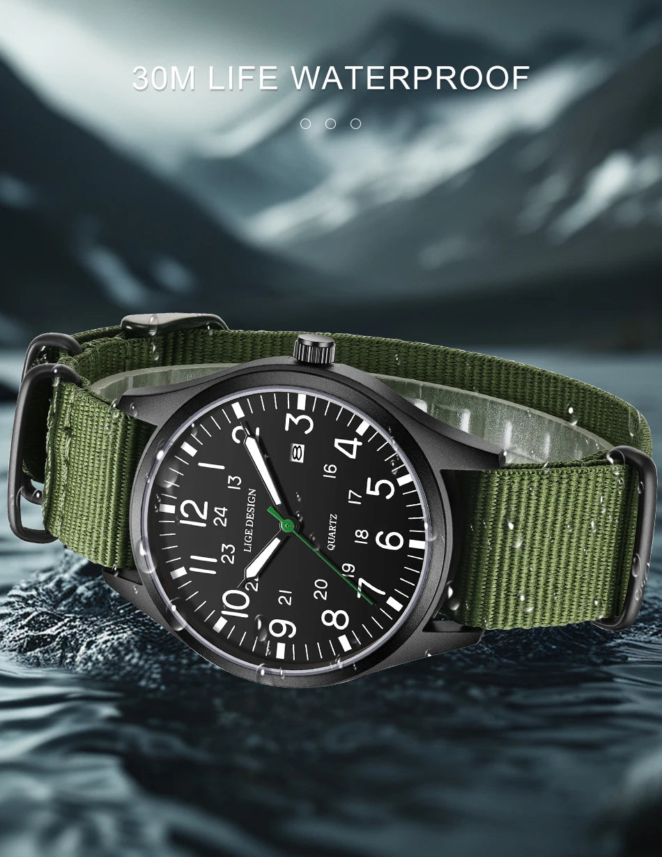 LIGE Luxury Military Quartz Watch for Men – Waterproof, Luminous, Nylon Leather Strap, Date Display