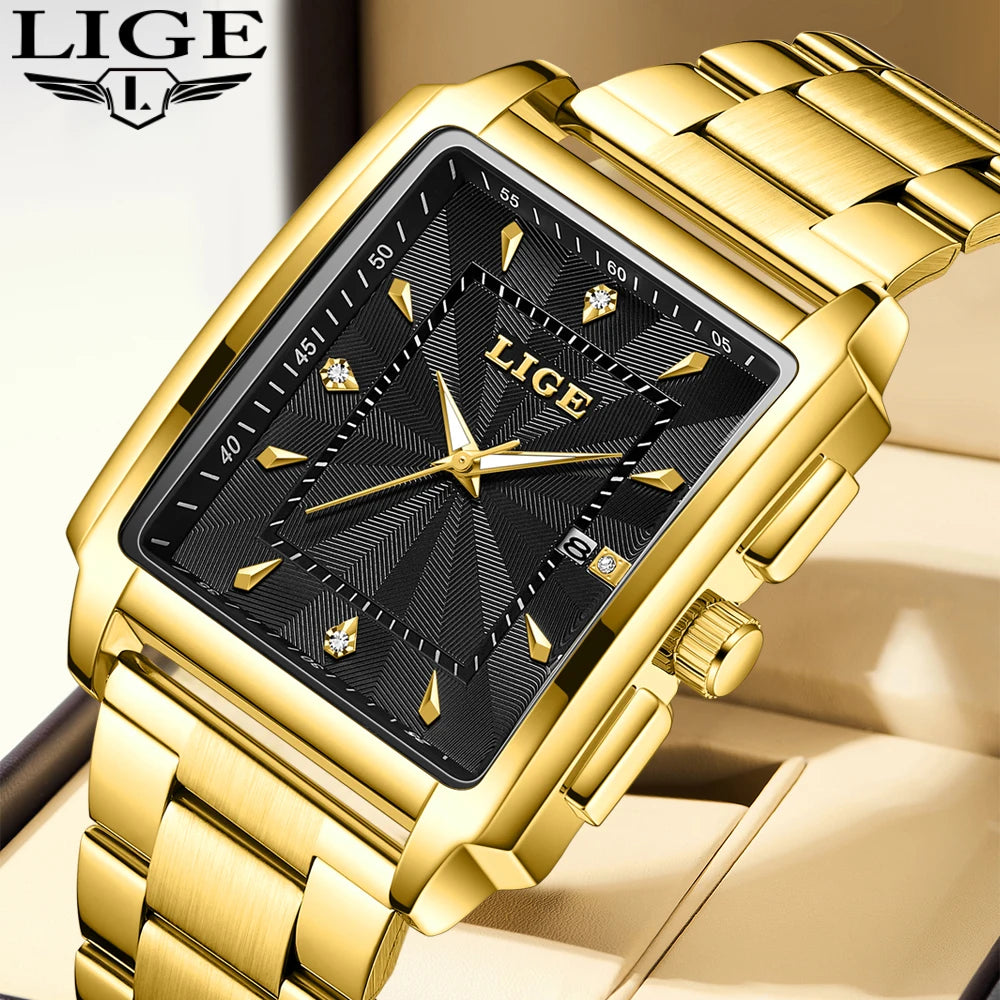 LIGE Men’s Luxury Square Sport Watch – Waterproof Business Military Quartz Chronograph