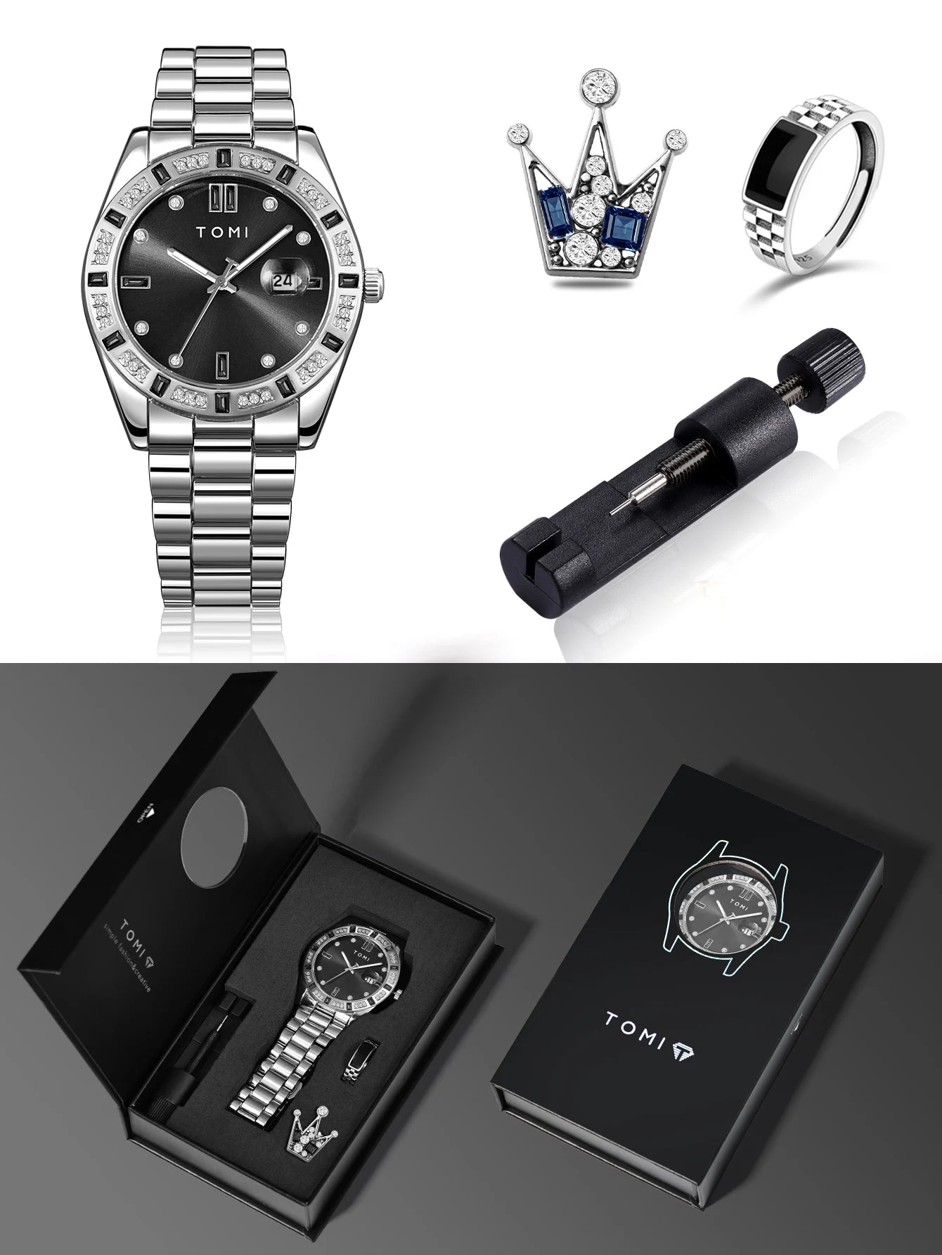 TOMI 4PCS Luxury Business Men's Watch Gift Box Set Luxury Diamond Case Calendar Stainless Steel Strap Quartz Watch Men's Clock