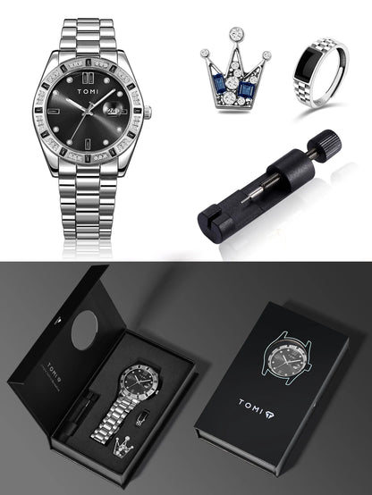 TOMI 4PCS Luxury Business Men's Watch Gift Box Set Luxury Diamond Case Calendar Stainless Steel Strap Quartz Watch Men's Clock