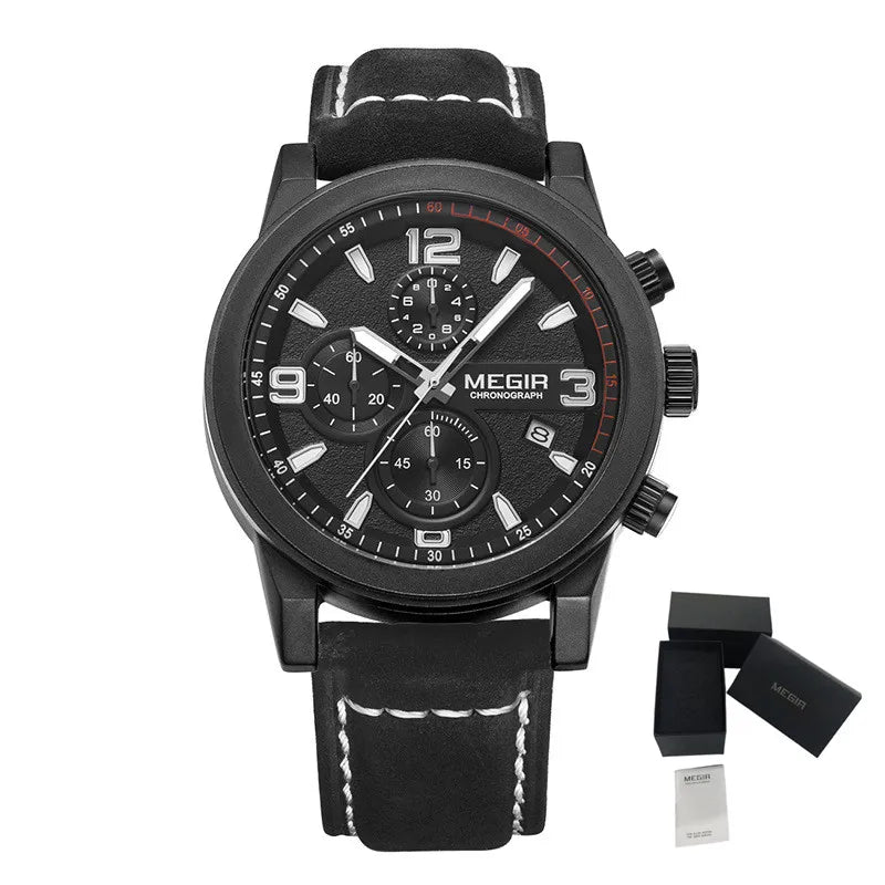 MEGIR Luxury Chronograph Men's Sport Watches Leather Strap Quartz Wristwatch Luminous Casual Male Clock Relogio Masculino 2026