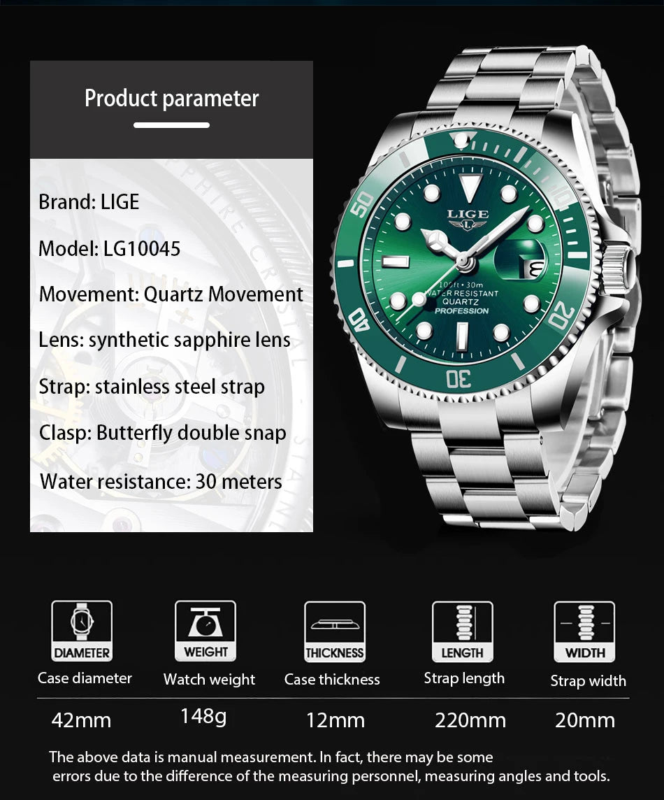 LIGE 30ATM Diver Watch – Luxury Waterproof Quartz Sports Watch for Men