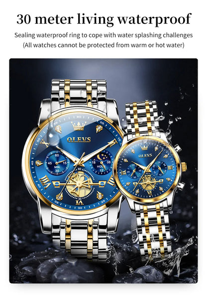 OLEVS Luxury Flywheel Design Couple Wristwatch Chronograph Waterproof Moon Phase Watch Brand Original Quartz Watch for Men Women