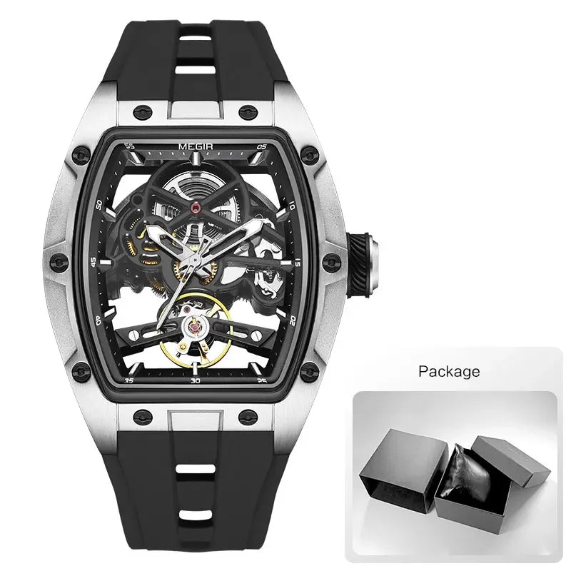 Luxorive MEGIR 2242 – Automatic Tonneau Dial Men’s Watch | Black Silicone Strap | Luminous Sport Design