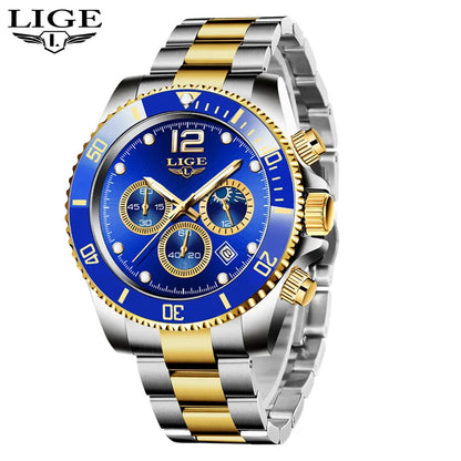 LIGE Men’s Luxury Military Quartz Watch – Full Steel Waterproof Chronograph