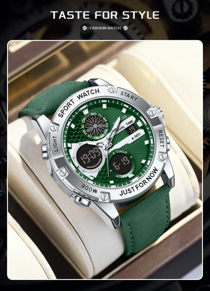 LIGE Men’s Outdoor Sport Watch – Leather Strap, Dual Digital Display, Waterproof & Luminous
