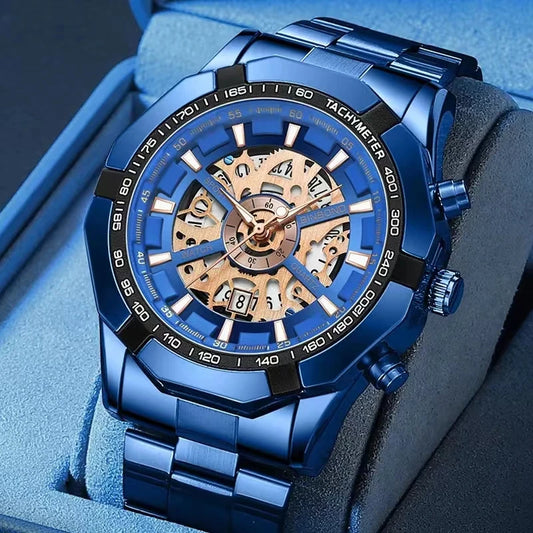 Luxorive BlueCore X – 2025 Luxury Skeleton Steel Watch for Men
