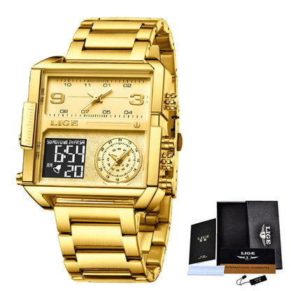 LIGE Men’s Black Steel Digital Dual Display Sports Chronograph – Waterproof Quartz Military Watch