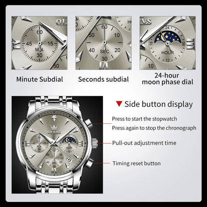 OLEVS 3639 Top Brand Original Quartz Watch Multifunctional Chronograph Watch For Men Waterproof Luminous Moon Phase Watch New