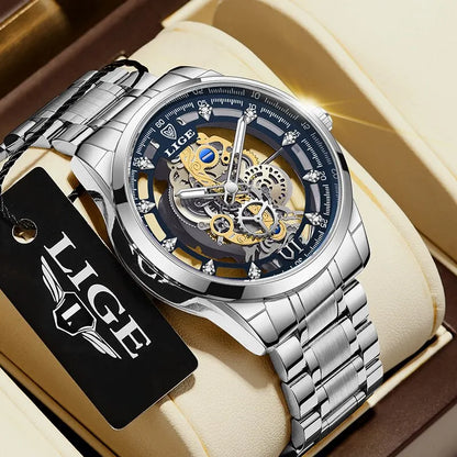 LIGE Men's Skeleton Quartz Watch – Luxury Retro Gold Wristwatch, Stainless Steel, Waterproof, Casual/Formal