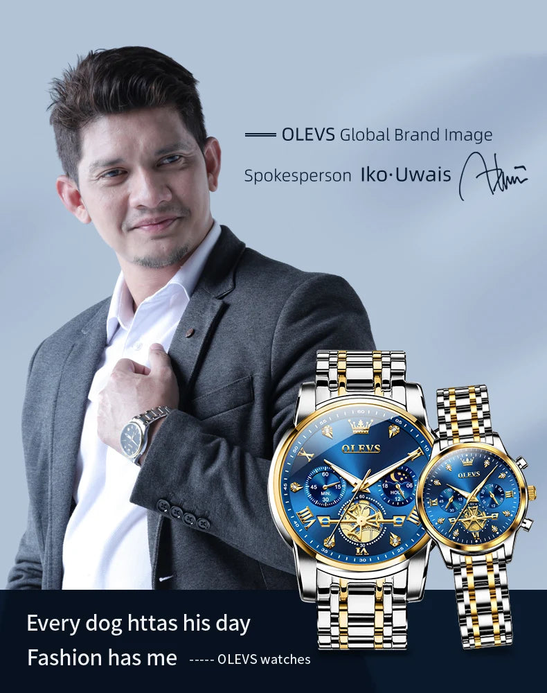 OLEVS Luxury Flywheel Design Couple Wristwatch Chronograph Waterproof Moon Phase Watch Brand Original Quartz Watch for Men Women