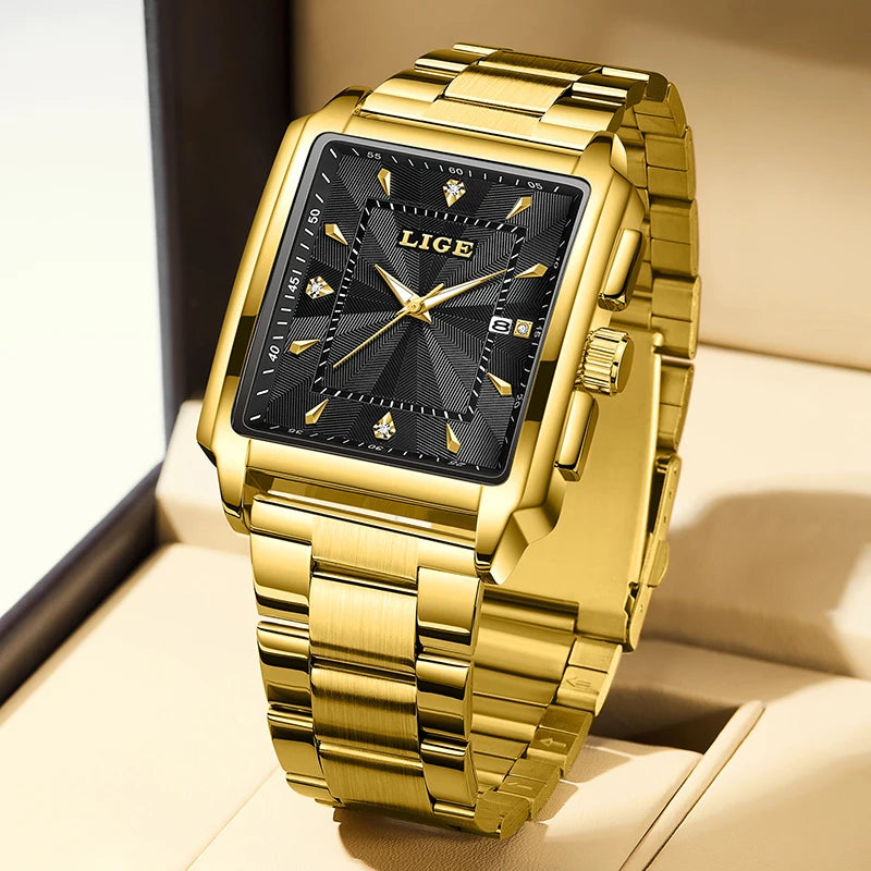 LIGE Men’s Luxury Square Sport Watch – Waterproof Business Military Quartz Chronograph