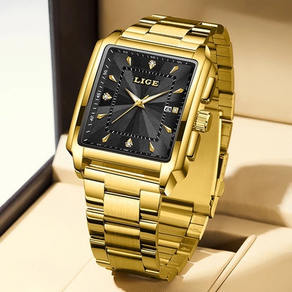 LIGE Men’s Luxury Square Sport Watch – Waterproof Business Military Quartz Chronograph