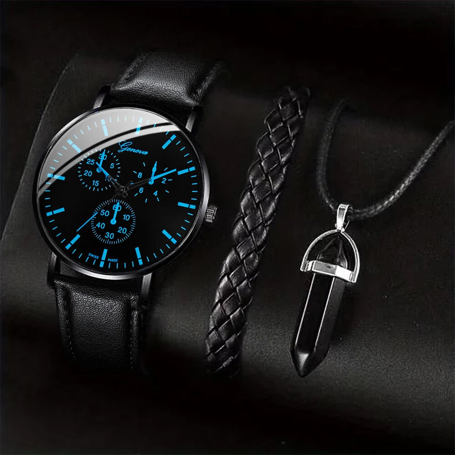 Luxorive Executive Trio  – Men’s Business Quartz Watch with Leather Strap + Necklace & Bracelet Set