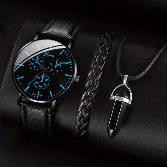 Luxorive Executive Trio  – Men’s Business Quartz Watch with Leather Strap + Necklace & Bracelet Set