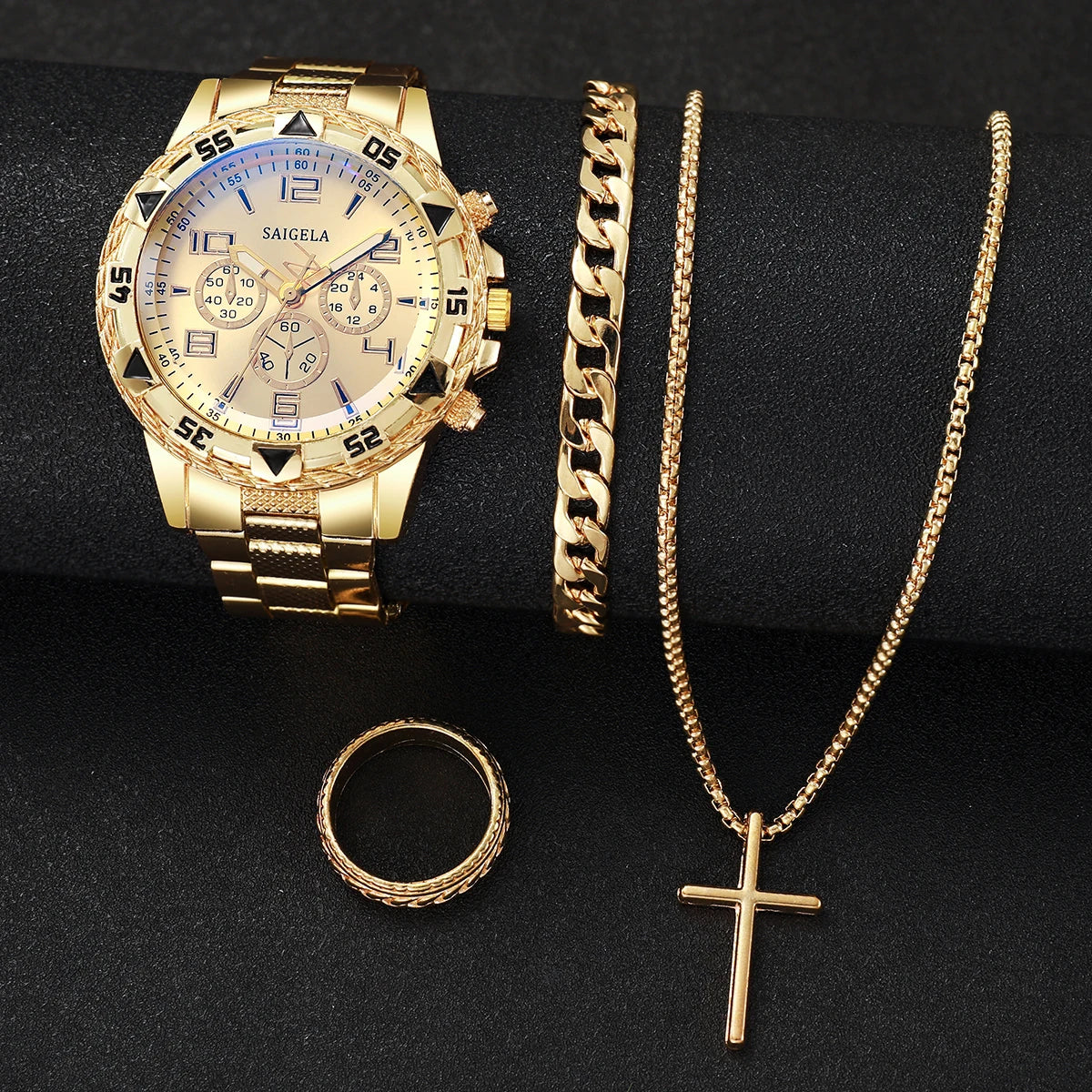 Luxorive Regal Gold Set – 4‑Piece Men’s Quartz Watch & Jewelry Combo (Without Box)