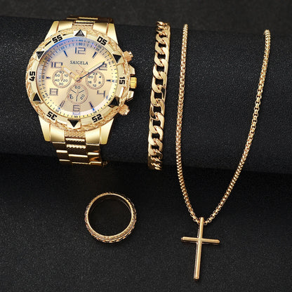 Luxorive Regal Gold Set – 4‑Piece Men’s Quartz Watch & Jewelry Combo (Without Box)