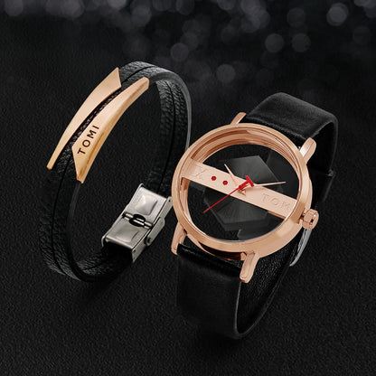 TOMI New 2PCS Men's Gift Box Watch Bracelet Simple and Fashionable Hollow out Versatile Black Strap Men's Quartz Watch Reloj